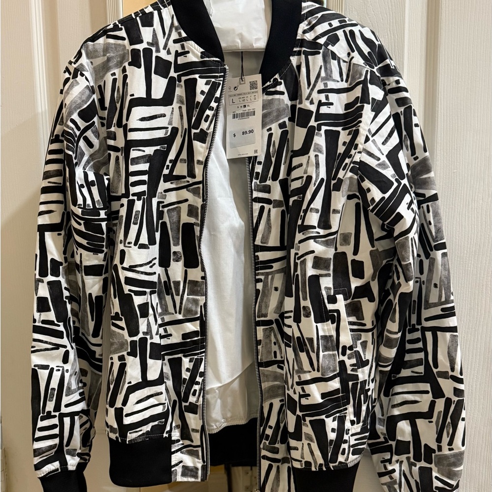 Zara Black and White Bomber Jacket with Geometric Design